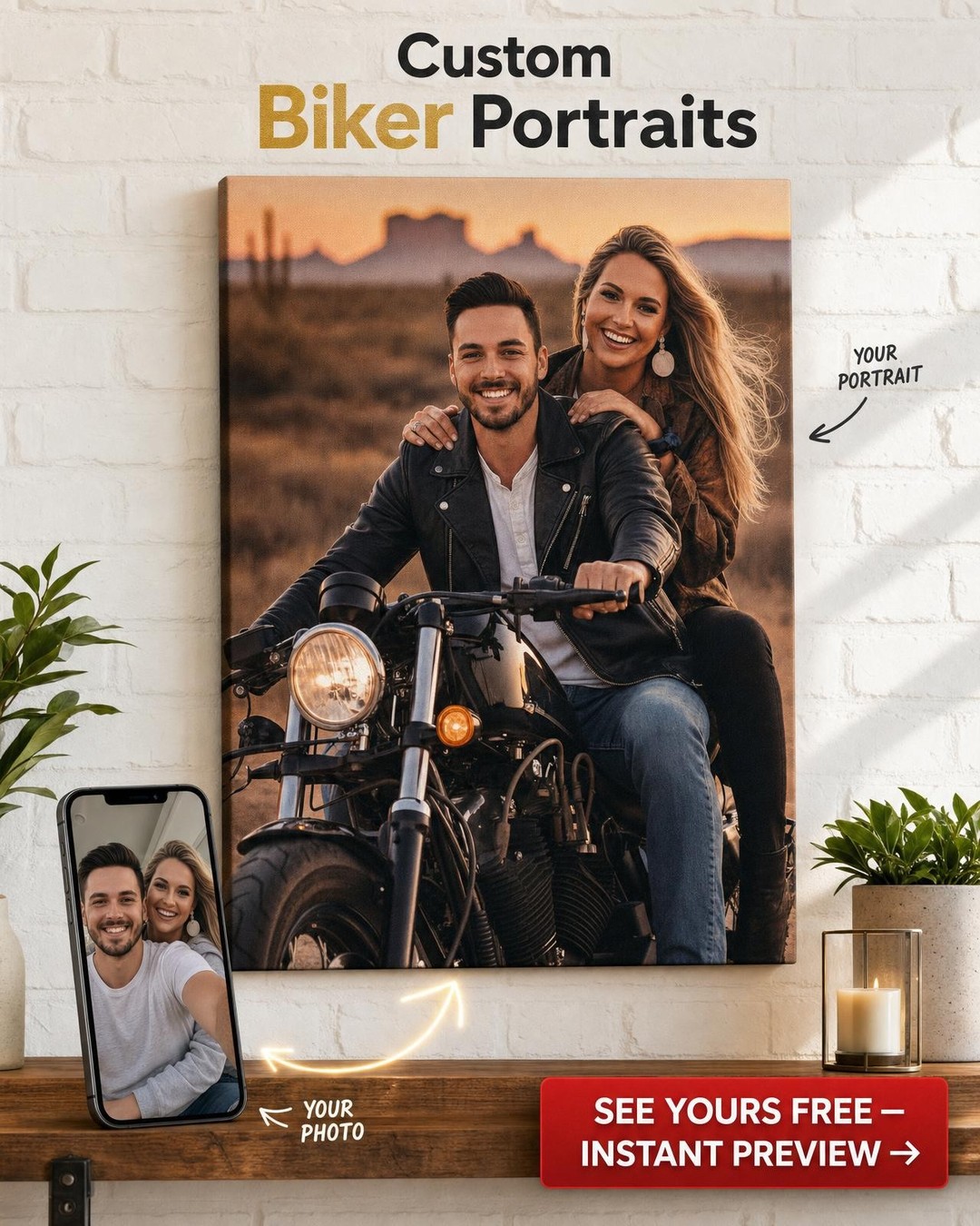 Custom Sunset Couple Portrait — Motorcycle Canvas