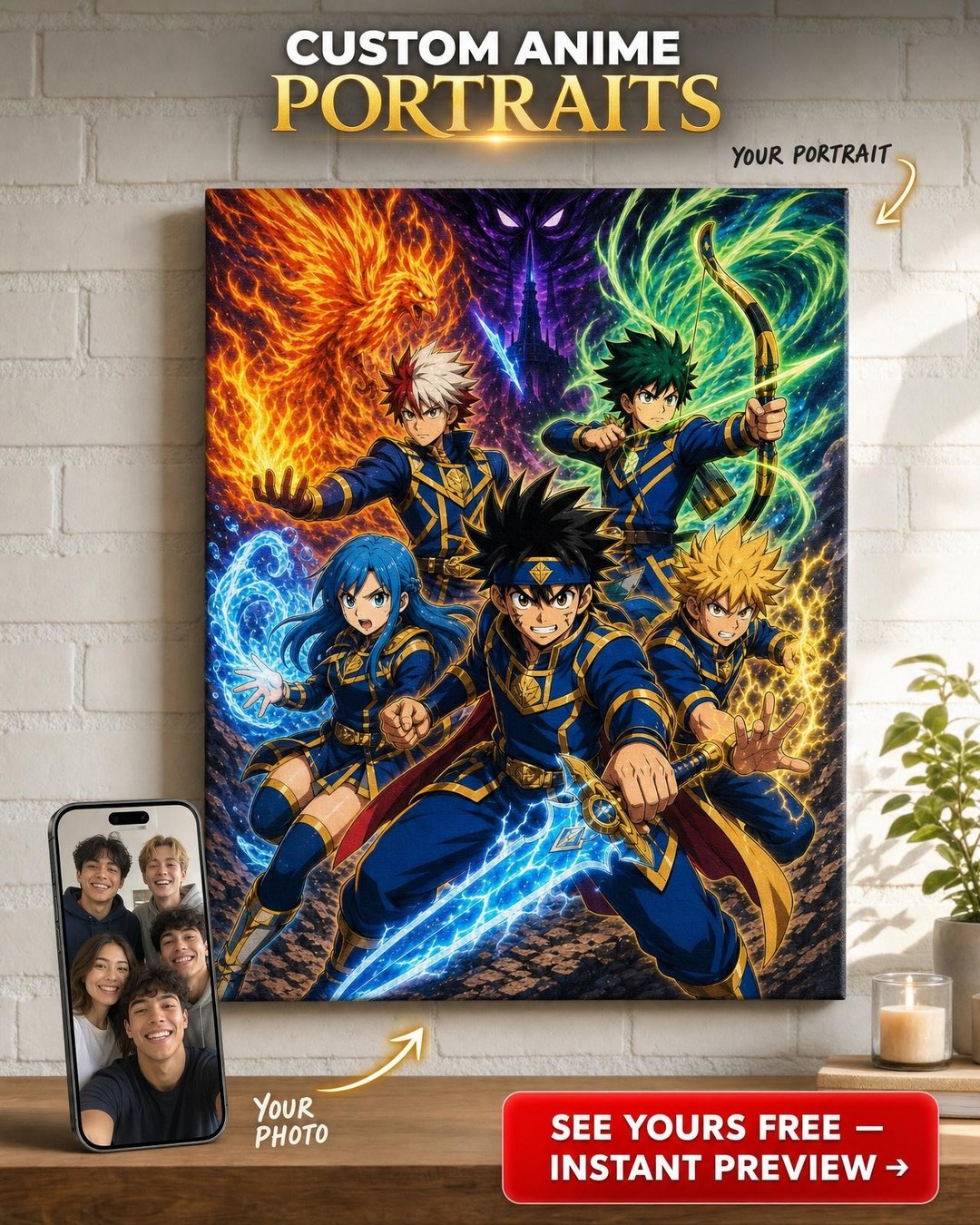 Custom Anime Hero Team Portrait Canvas
