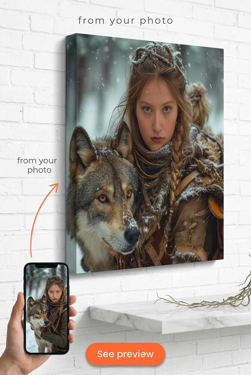 Custom Norse Woman Portrait — Heroic Wolf Warrior Canvas from Photo