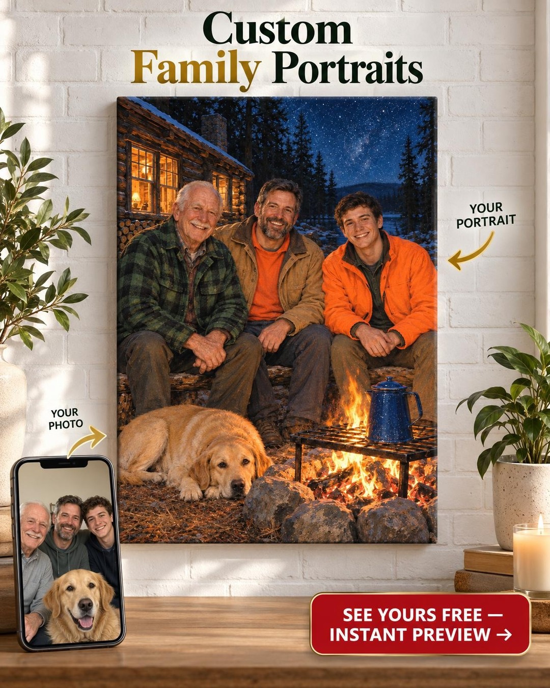 Three Generations at the Campfire Custom Portrait from Photo | Personalized Hunting Camp Gift
