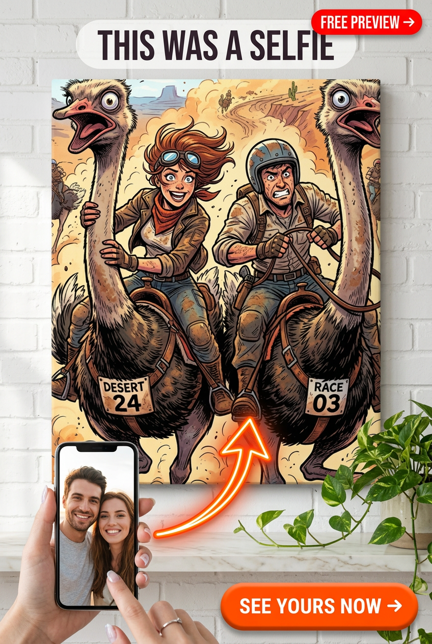 Custom Cartoon Couple Portrait — Ostrich Race Canvas