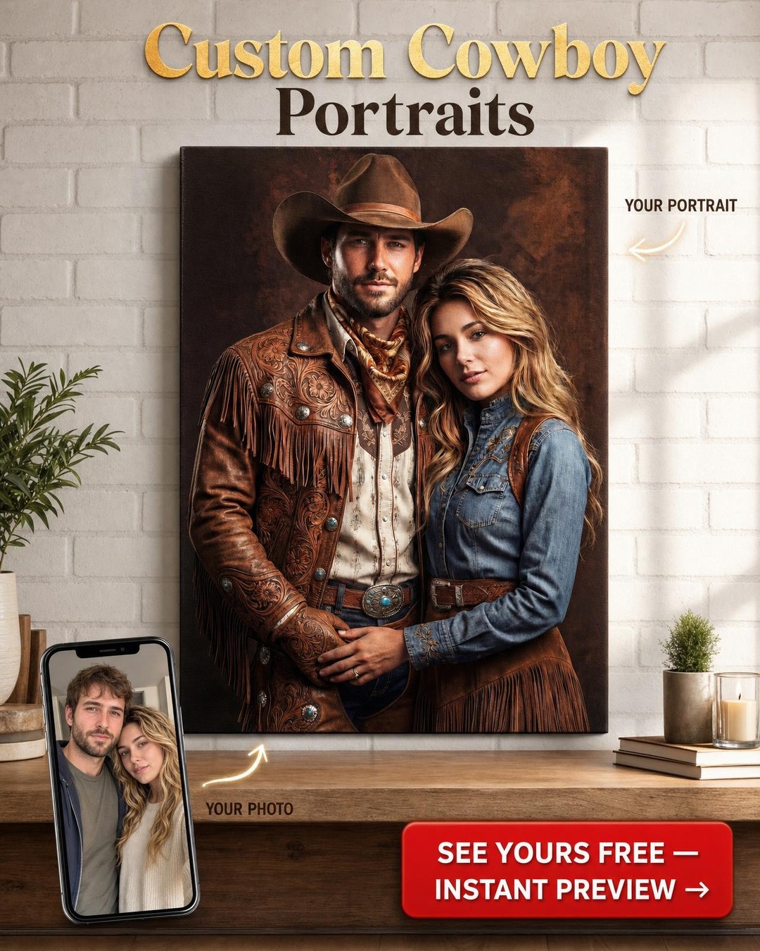 Custom Cowboy Couple Portrait — Romantic Western Canvas