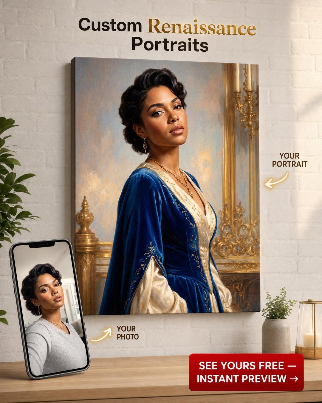 Custom Royal Woman Portrait — Regal Blue Gown Canvas Art