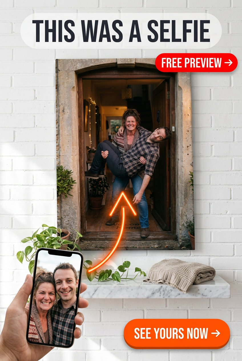 Custom Couple Portrait — Whimsical Doorway Selfie Canvas from Photo