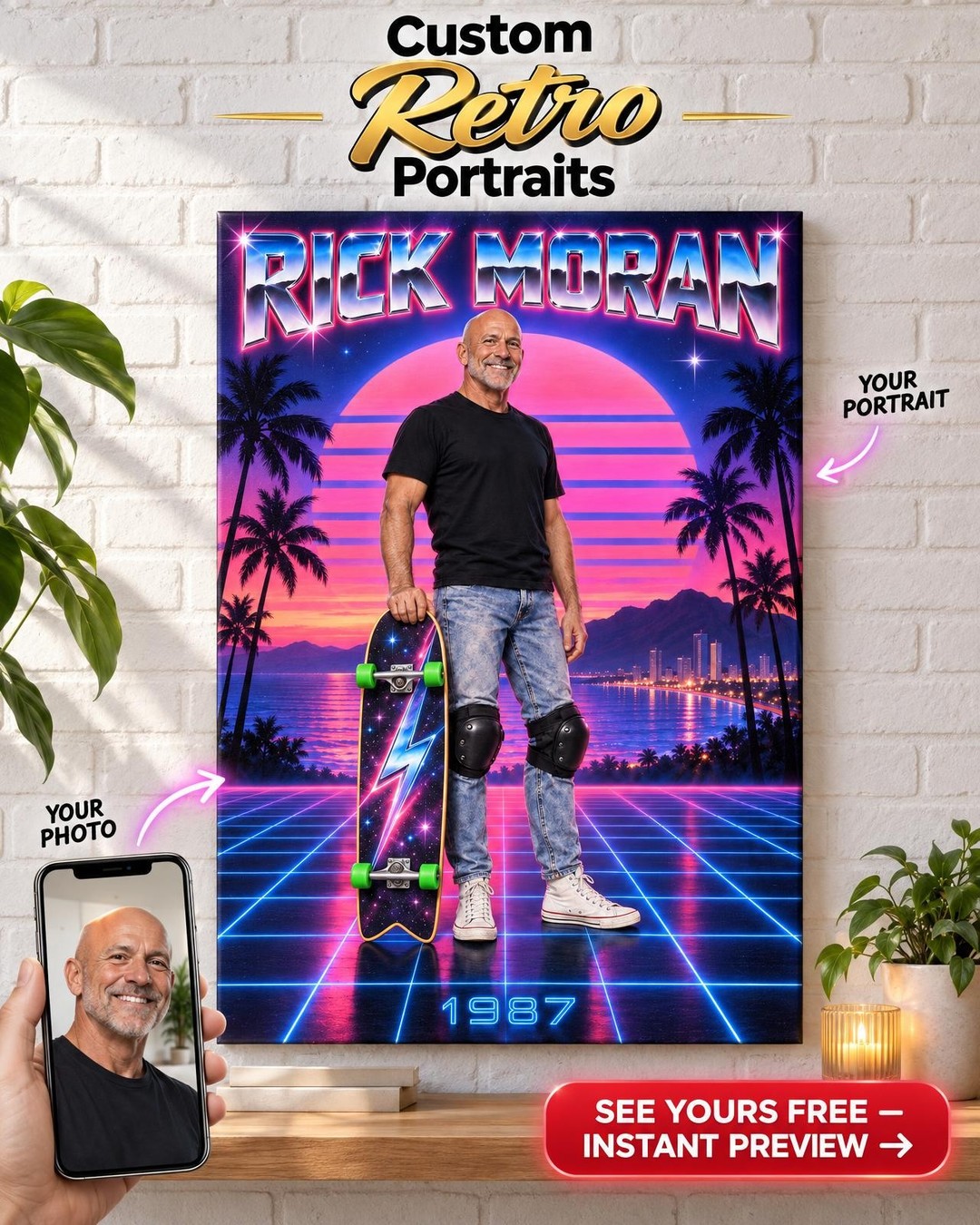 Pro Model 1980s Airbrush Skate Custom Portrait from Photo | Personalized Skateboarding Portrait Gift
