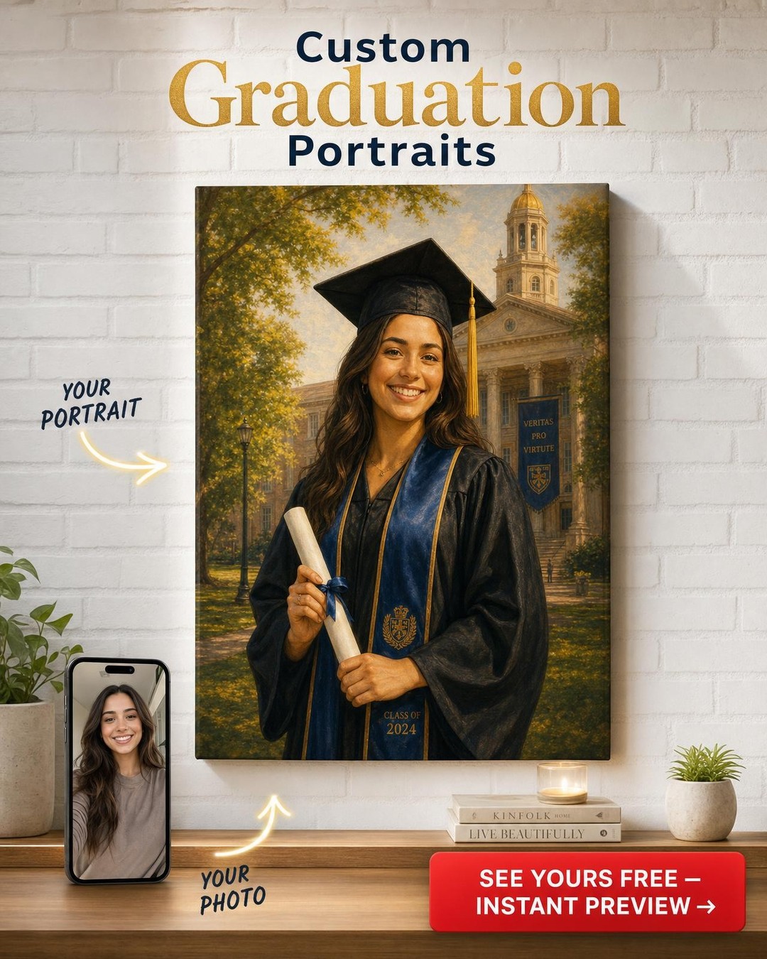 Niece Graduation Gift Portrait — photoreal canvas with face-swap on a template
