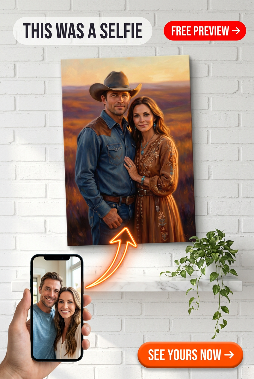 Custom Cowboy Couple Portrait — Western Romance Canvas from Photo