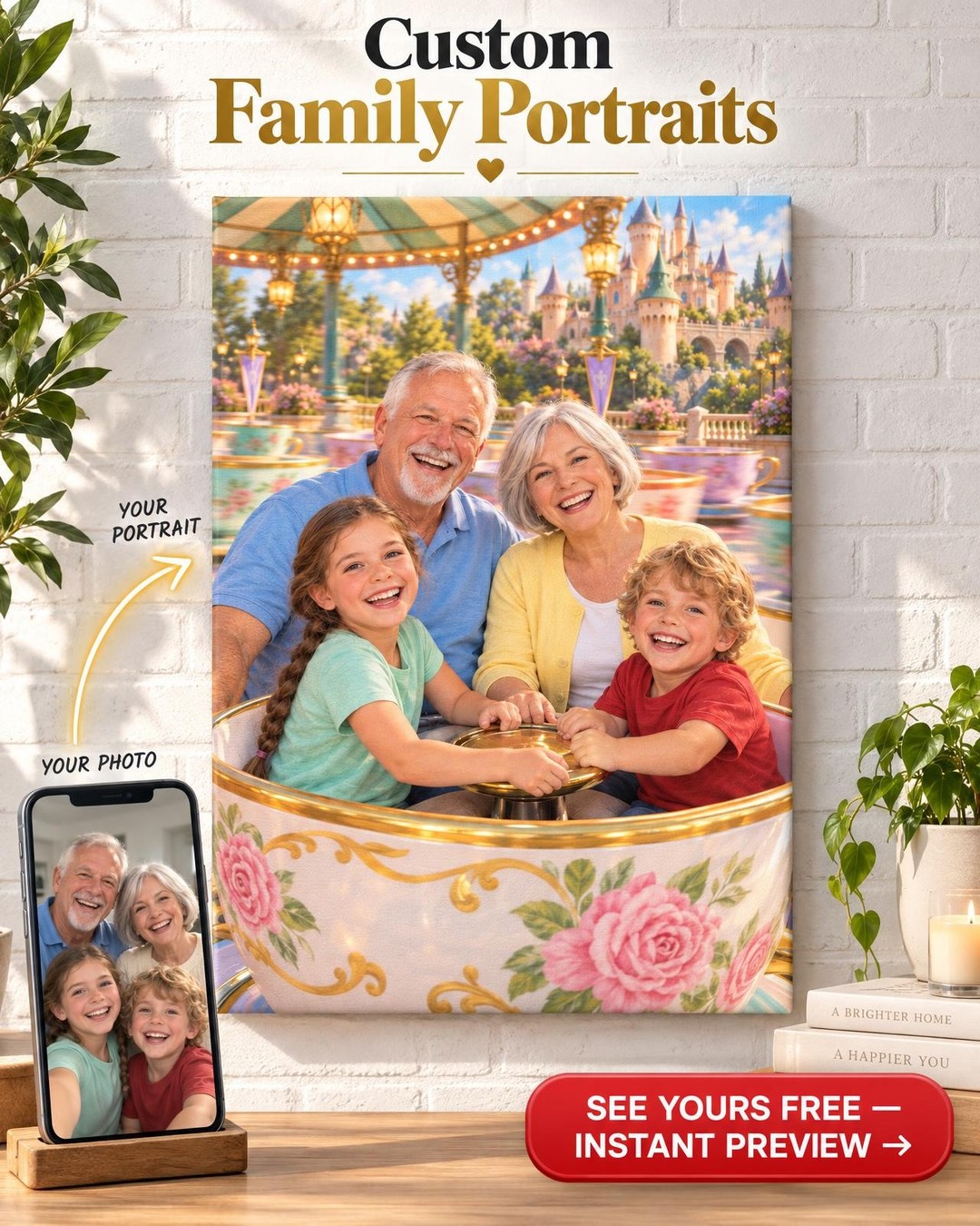The Teacup Spin Family Custom Portrait from Photo | Personalized Fairytale Park Gift