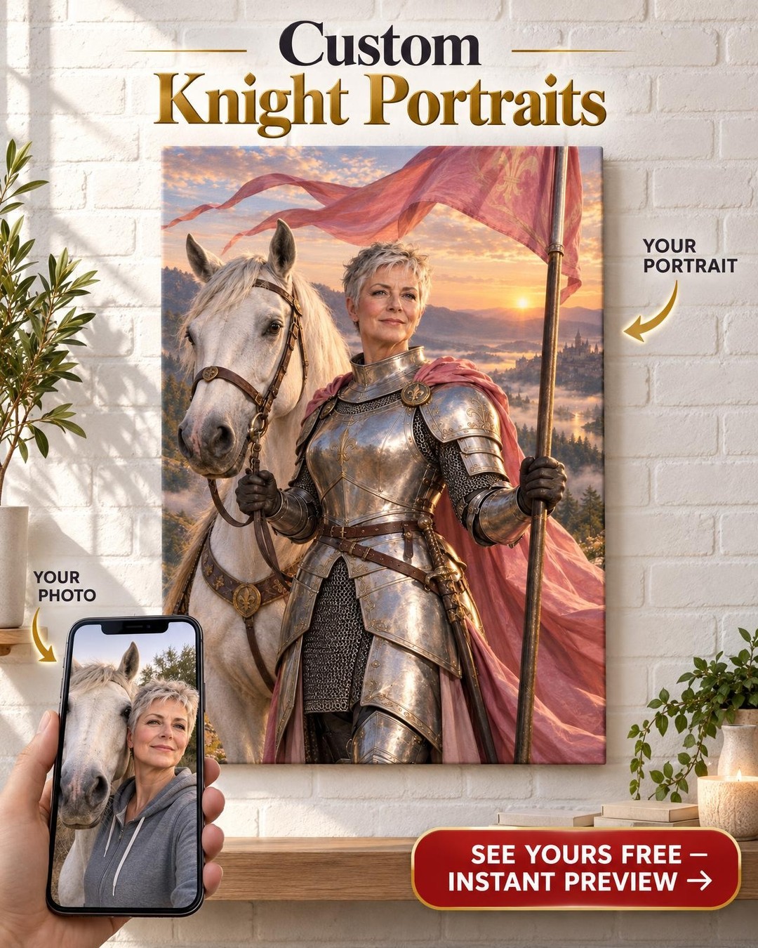 Woman Knight in Shining Armor Custom Portrait from Photo | Personalized For Her Gift