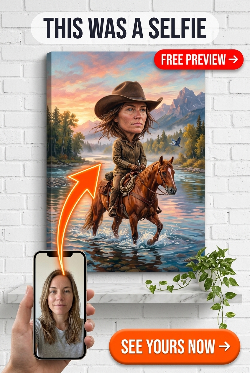 River Crossing Dawn Cowgirl Portrait | Personalized Cowgirl Gift