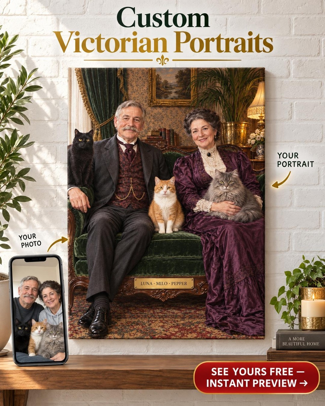 Victorian Cat Family Custom Portrait from Photo | Personalized Cat Family Gift