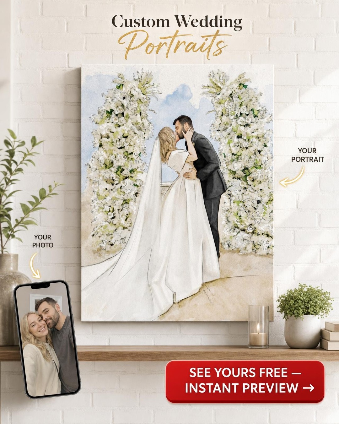 Elegant Watercolor Wedding Portraits for Couples