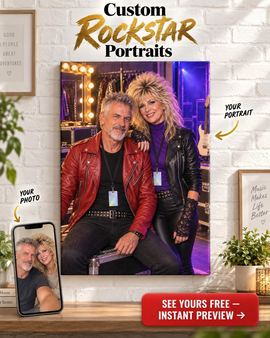Backstage Pass Rock Couple Custom Portrait from Photo | Personalized Musician Portrait Gift