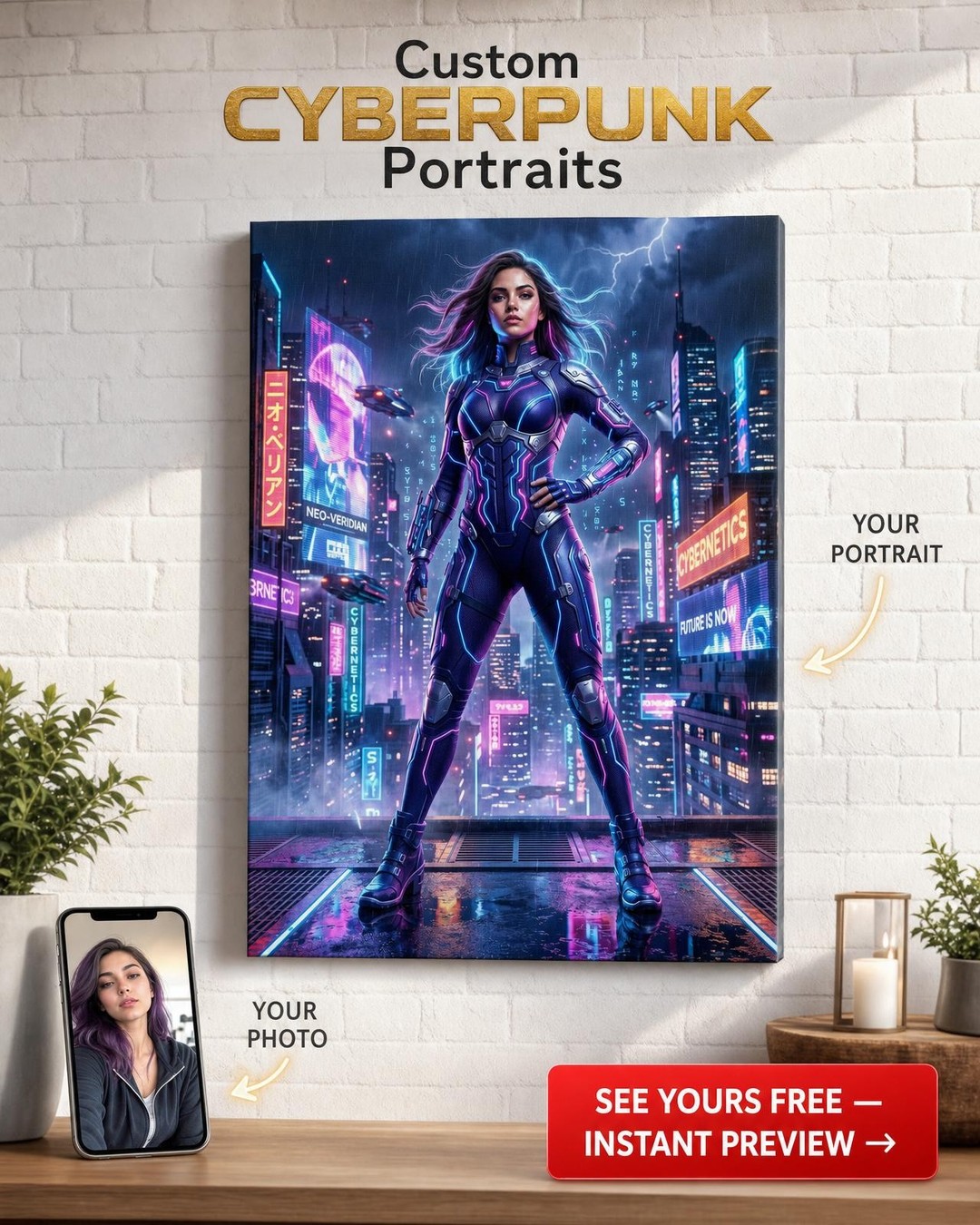 Custom Cyberpunk Man Portrait — Heroic Neon Cityscape Canvas