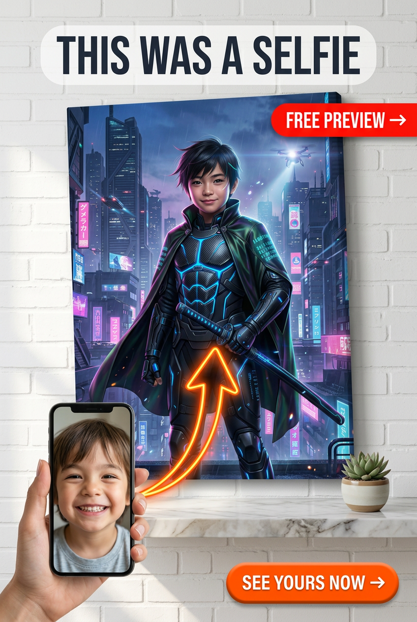 Custom Cyberpunk Boy Portrait — Heroic Neon Warrior Canvas