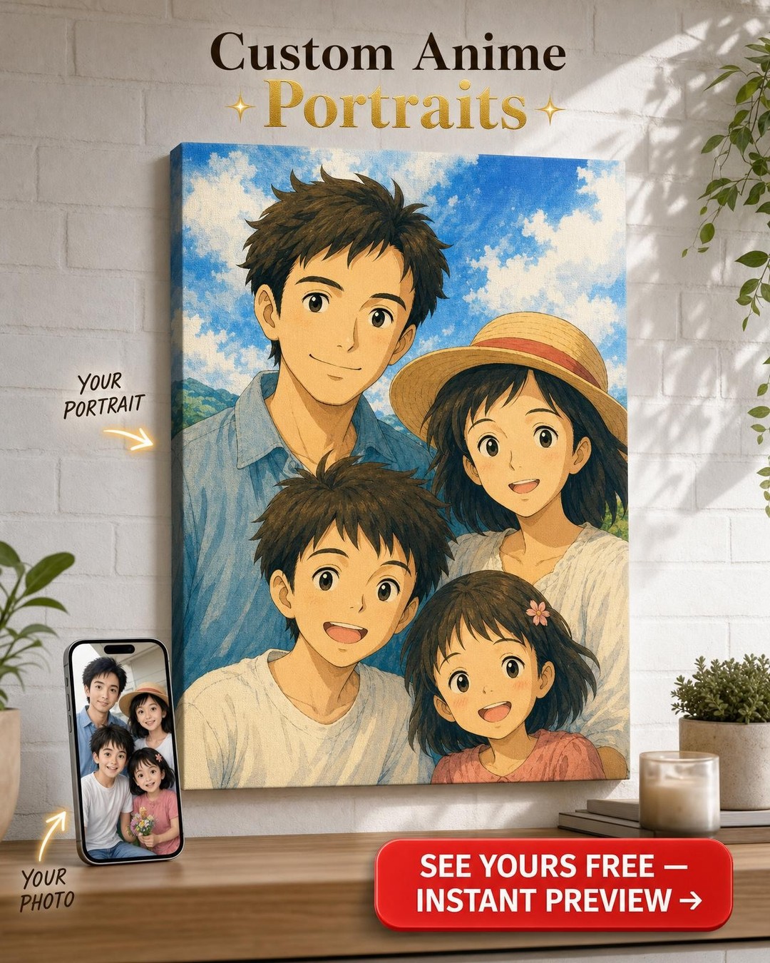 Custom Ghibli Family Portrait — Whimsical Canvas from Photo