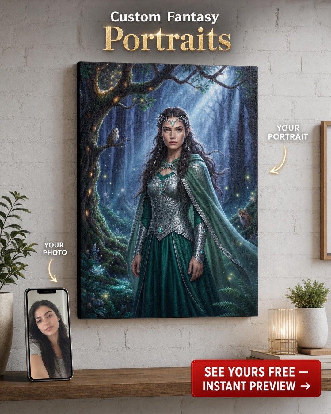Custom Fantasy Woman Portrait — Whimsical Forest Crown Canvas