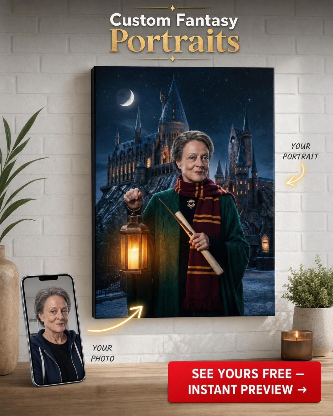 Custom Fantasy Woman Portrait — Whimsical Castle Canvas from Photo
