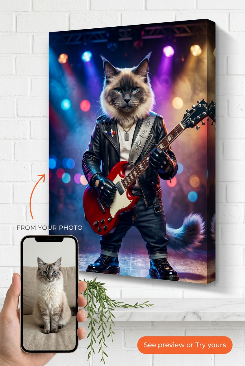 Custom Musician Cat Portrait — Whimsical Pet Canvas from Photo
