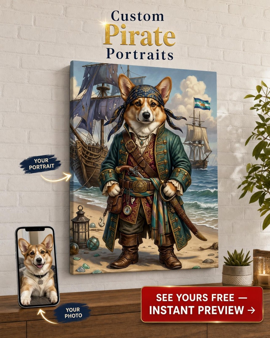 Custom Pirate Dog Portrait — Whimsical Pet Canvas from Photo