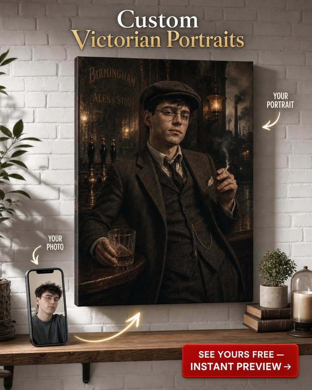Custom 1920s Pub Bar Gangster Portrait — AI-regenerated portrait, fresh per orde