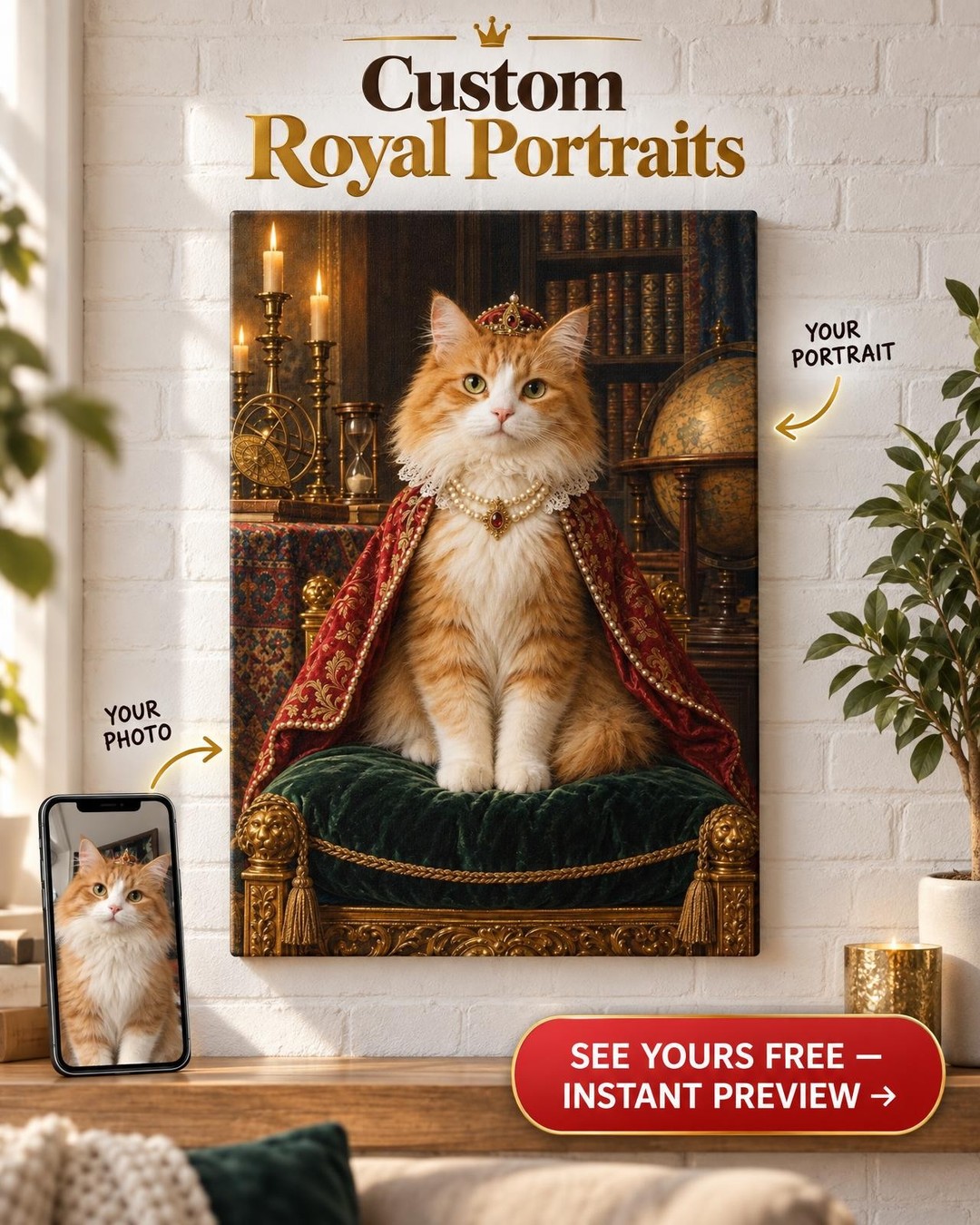 Custom Renaissance Cat Portrait — Pearl Duchess Canvas from Photo