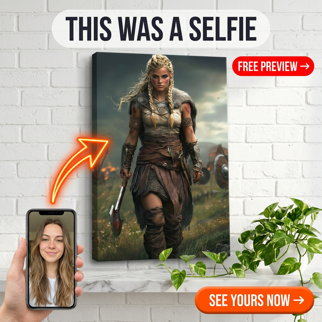 Custom Viking Woman Portrait — Heroic Warrior Canvas from Photo