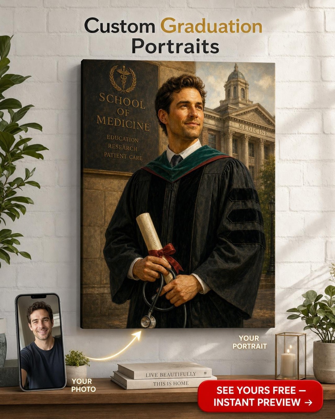Custom Graduation Portrait for Man — Heroic Medical School Canvas