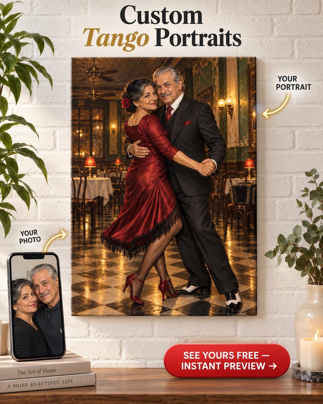 Tango Hall Couple Custom Portrait from Photo | Personalized Ballroom Dance Gift