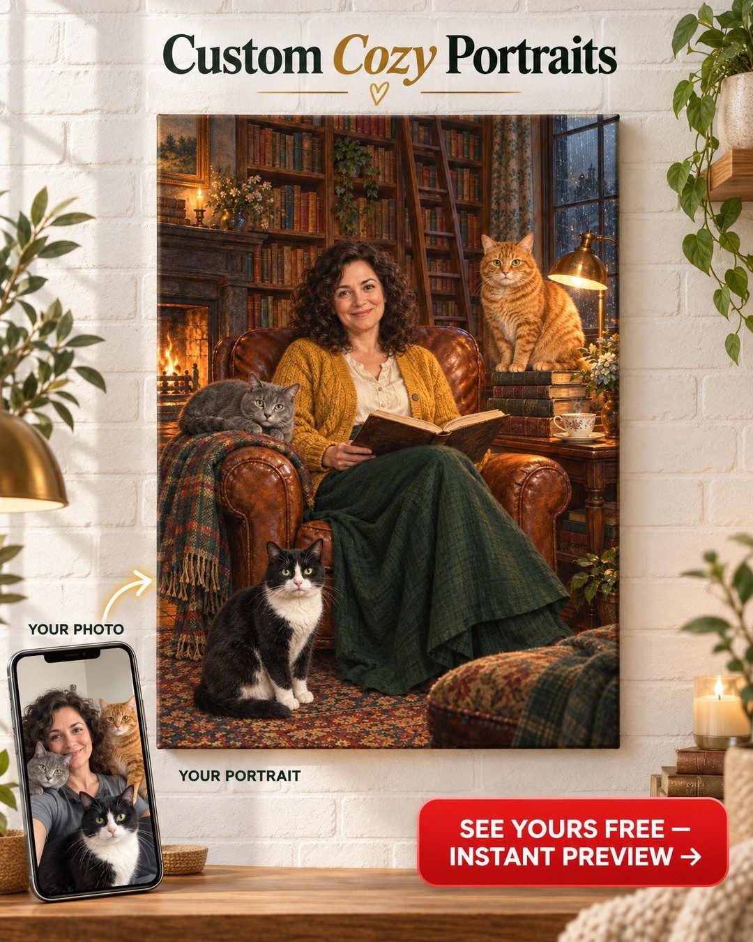 Book Lover and Her Cats Custom Portrait from Photo | Personalized Cat Family Gift