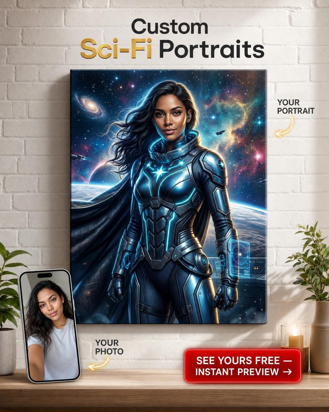 Custom Sci-Fi Portrait for Woman — Heroic Space Warrior Canvas