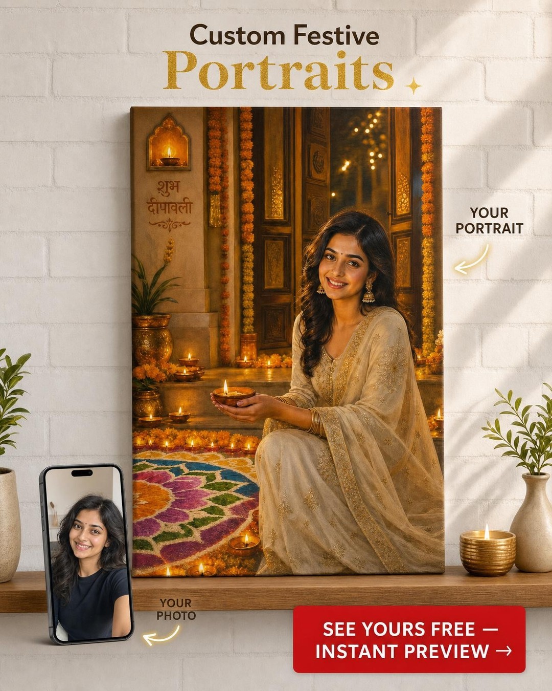 Rangoli Diwali Custom Portrait from Photo | Personalized Canvas Gift
