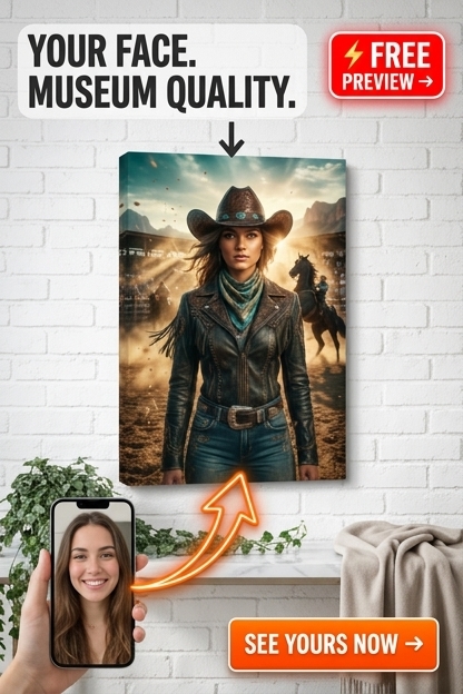 Custom Cowboy Woman Portrait — Heroic Western Canvas from Photo