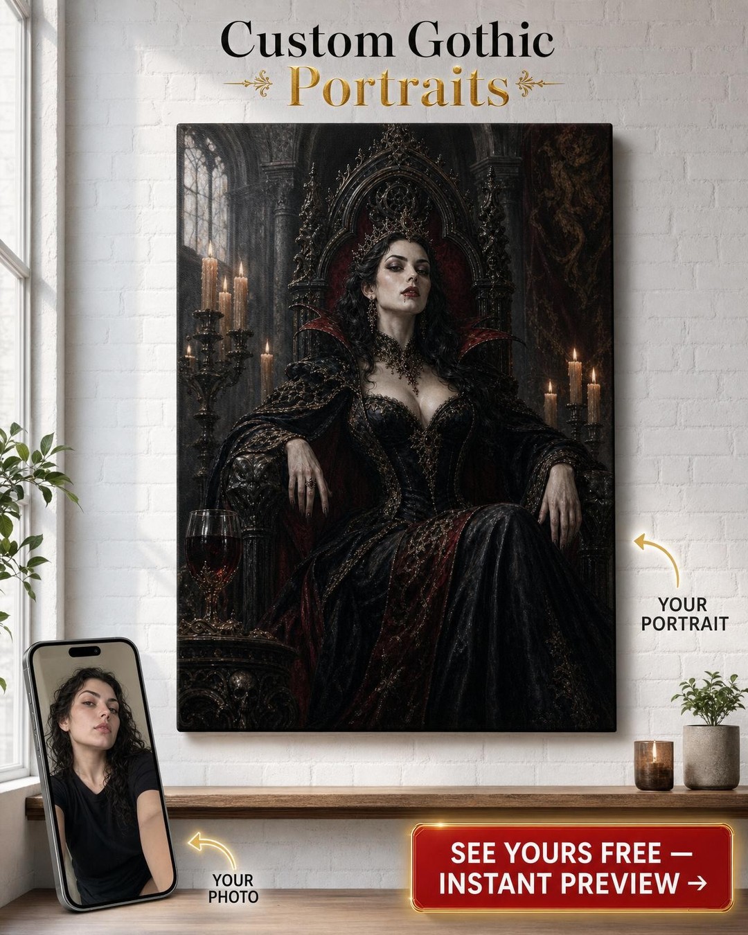 Vampire Throne Portrait Custom Portrait from Photo | Personalized Canvas Gift