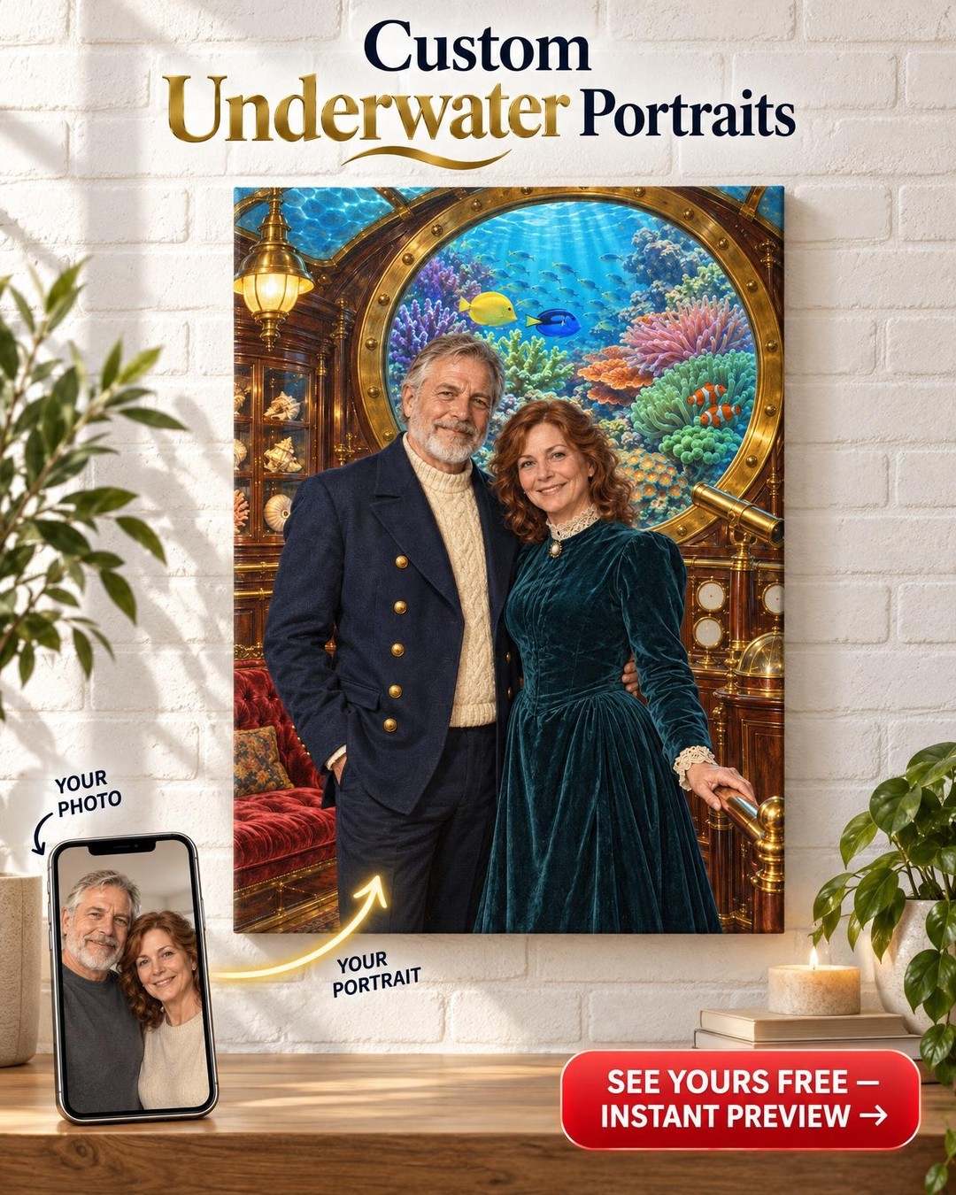 Submarine Salon Reef Couple Custom Portrait from Photo | Personalized Reef Aquarium Gift