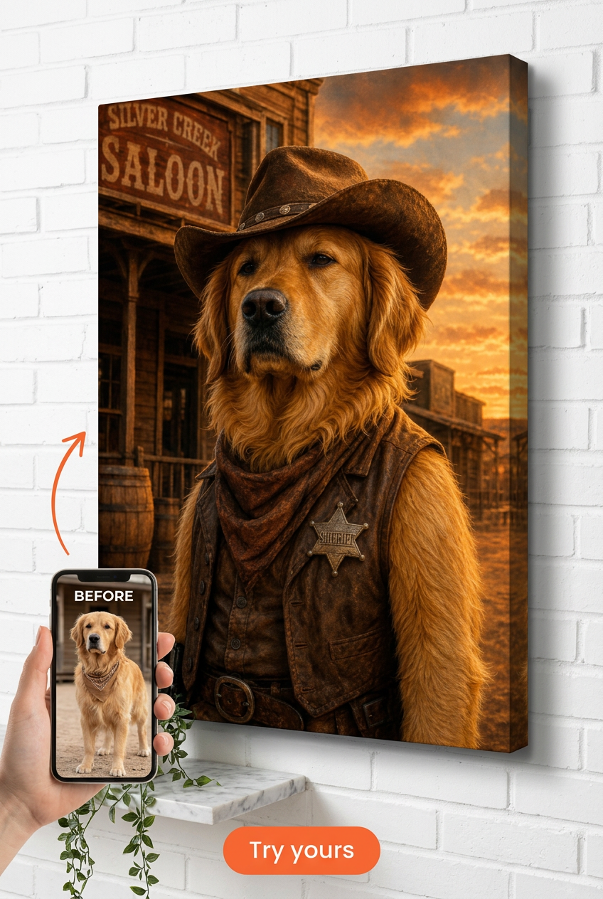 Custom Cowboy Dog Portrait — Heroic Sheriff Canvas from Photo