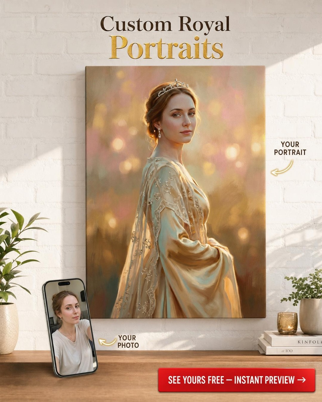 Custom Royal Woman Portrait — Serene Canvas Art from Photo