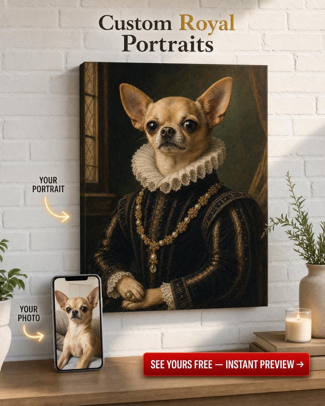 Custom Renaissance Dog Portrait — Whimsical Pet Canvas from Photo