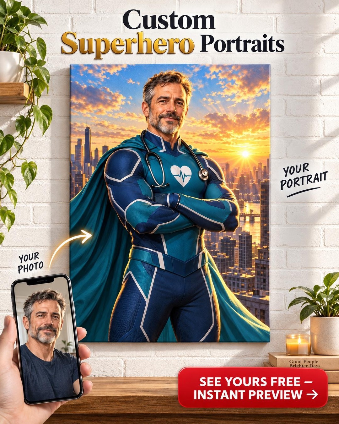 Super Nurse for Him Custom Portrait from Photo | Personalized Superhero Portrait Gift