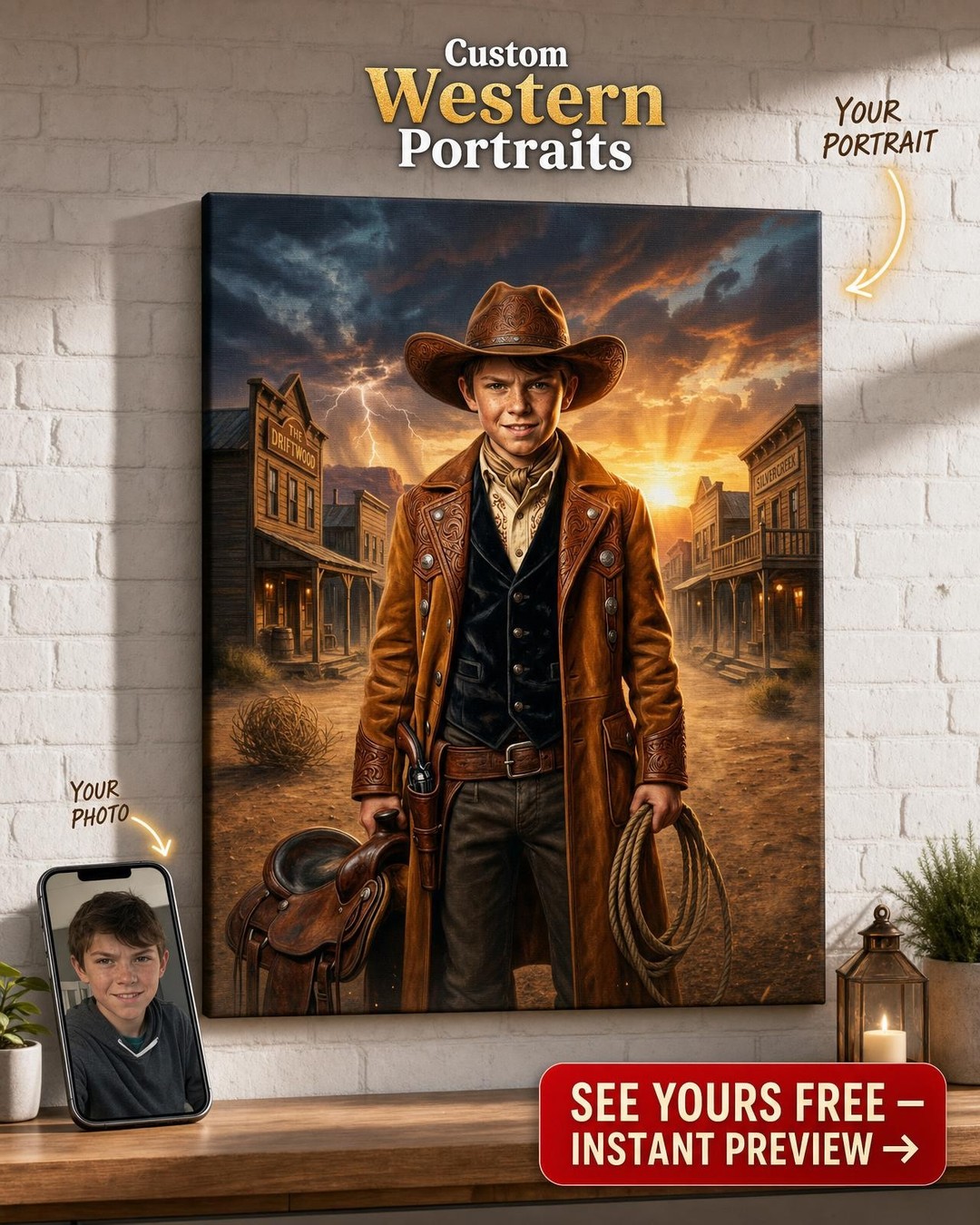 Lone Star Legend Epický Západní Kovbojský Portrét Chlapce
