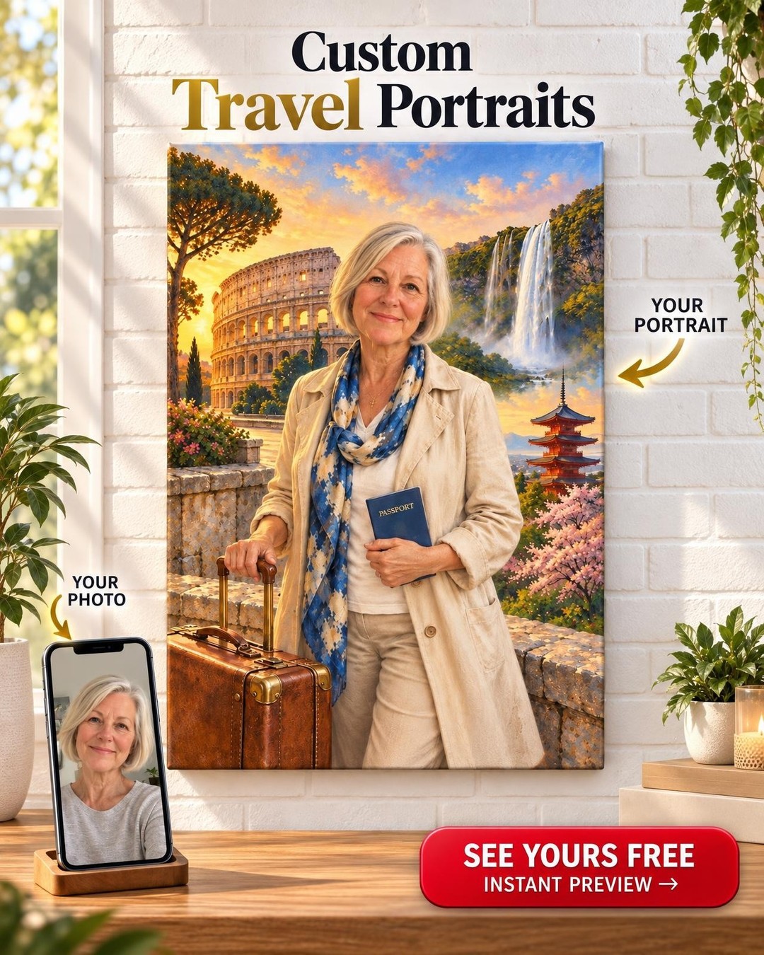 Her Own Travel Photos Custom Portrait from Photo | Personalized Solo Travel Gift