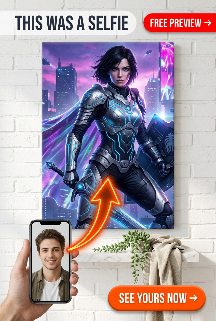 Custom Cyberpunk Man Portrait — Heroic Neon Warrior Canvas
