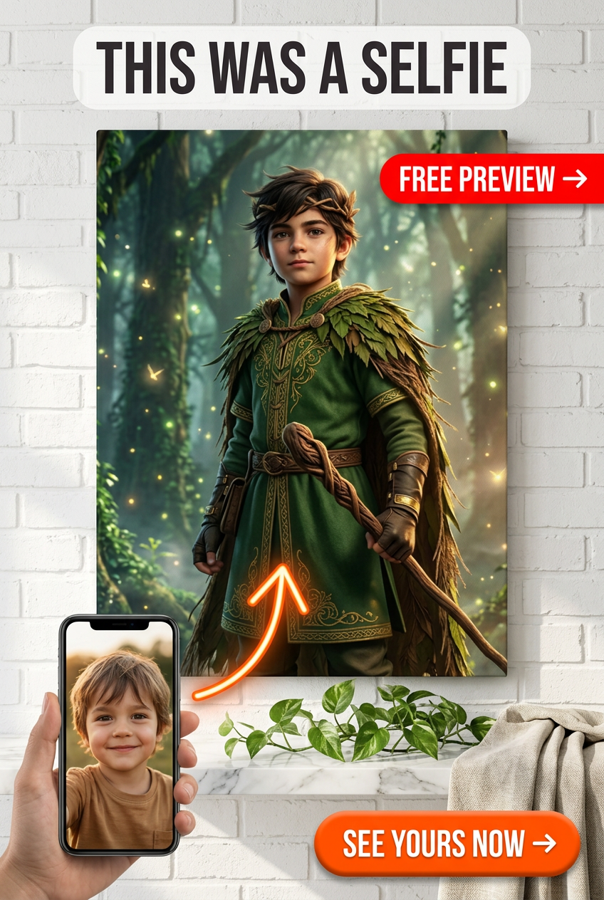 Custom Fantasy Boy Portrait — Heroic Green Cloak Canvas