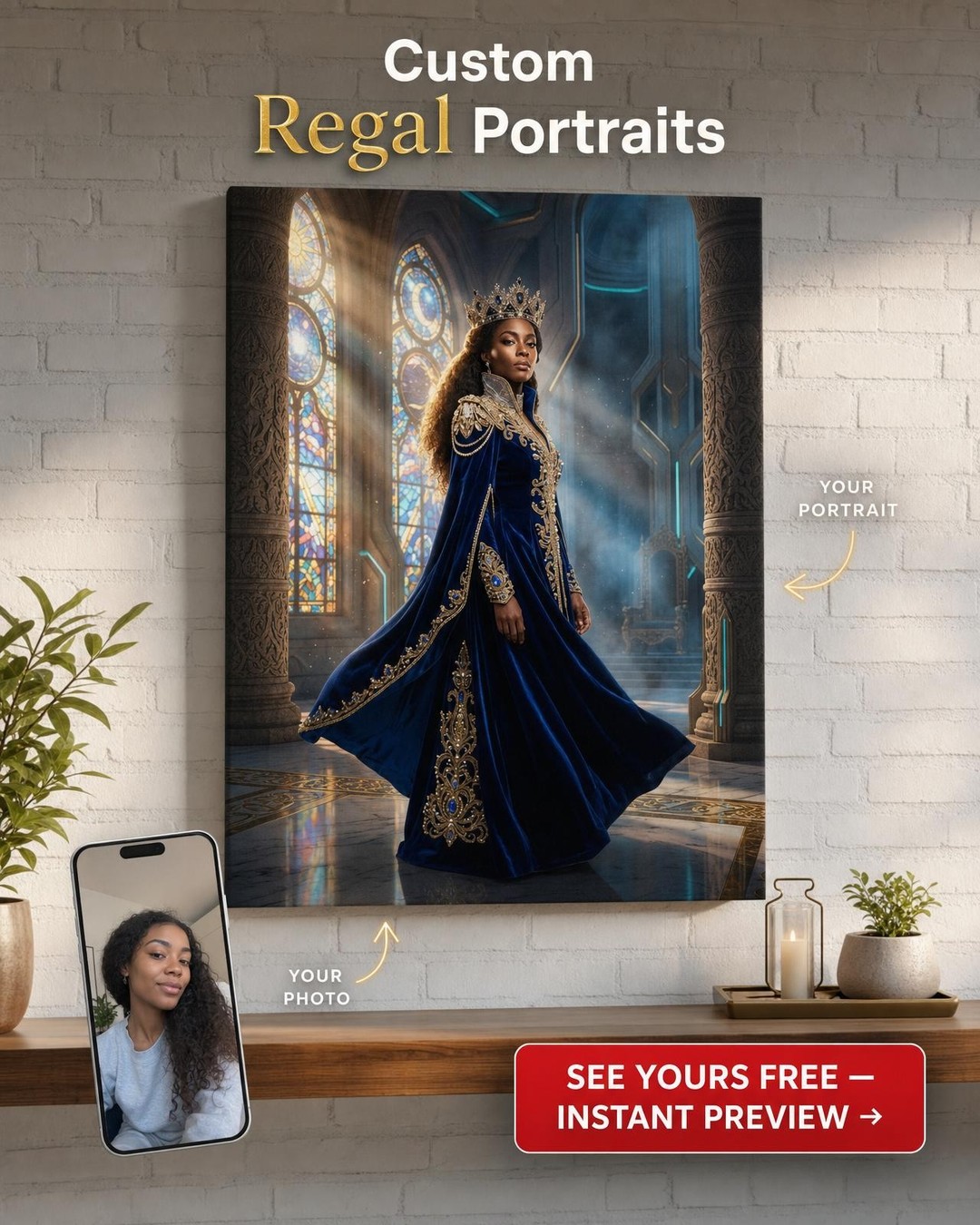 Custom Royal Woman Portrait — Regal Crown & Castle Canvas