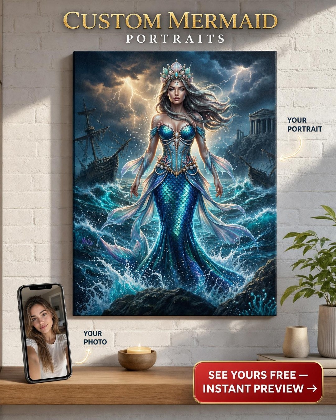 Custom Fantasy Man Portrait — Whimsical Mermaid Ocean Canvas