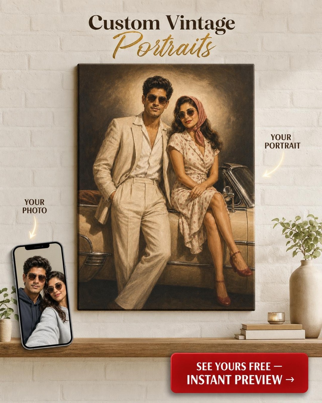 Custom 1940s Hollywood Vintage Convertible Couple Portrait — AI-regenerated port