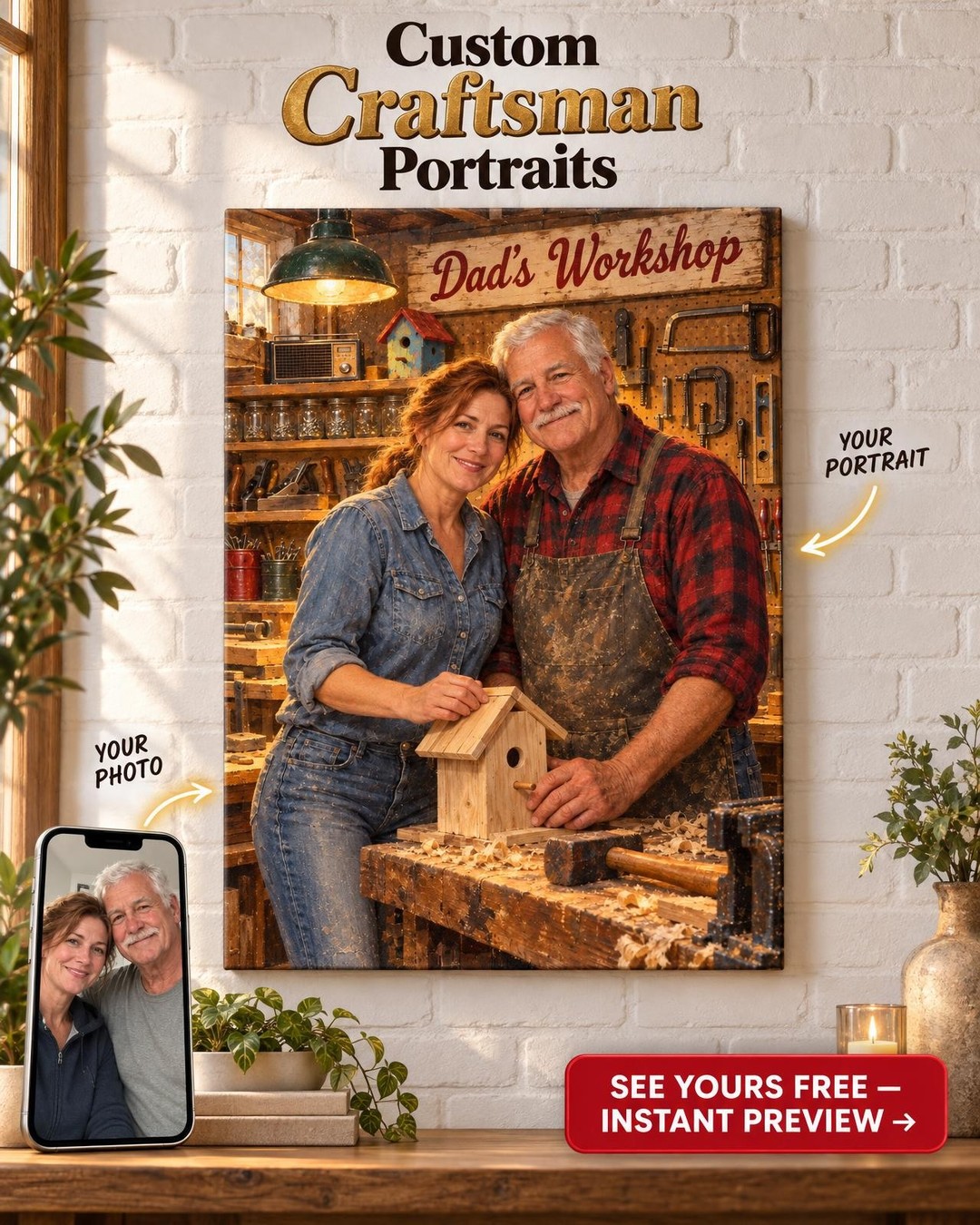 Dad’s Workbench Custom Portrait from Photo | Personalized Gift for Dad