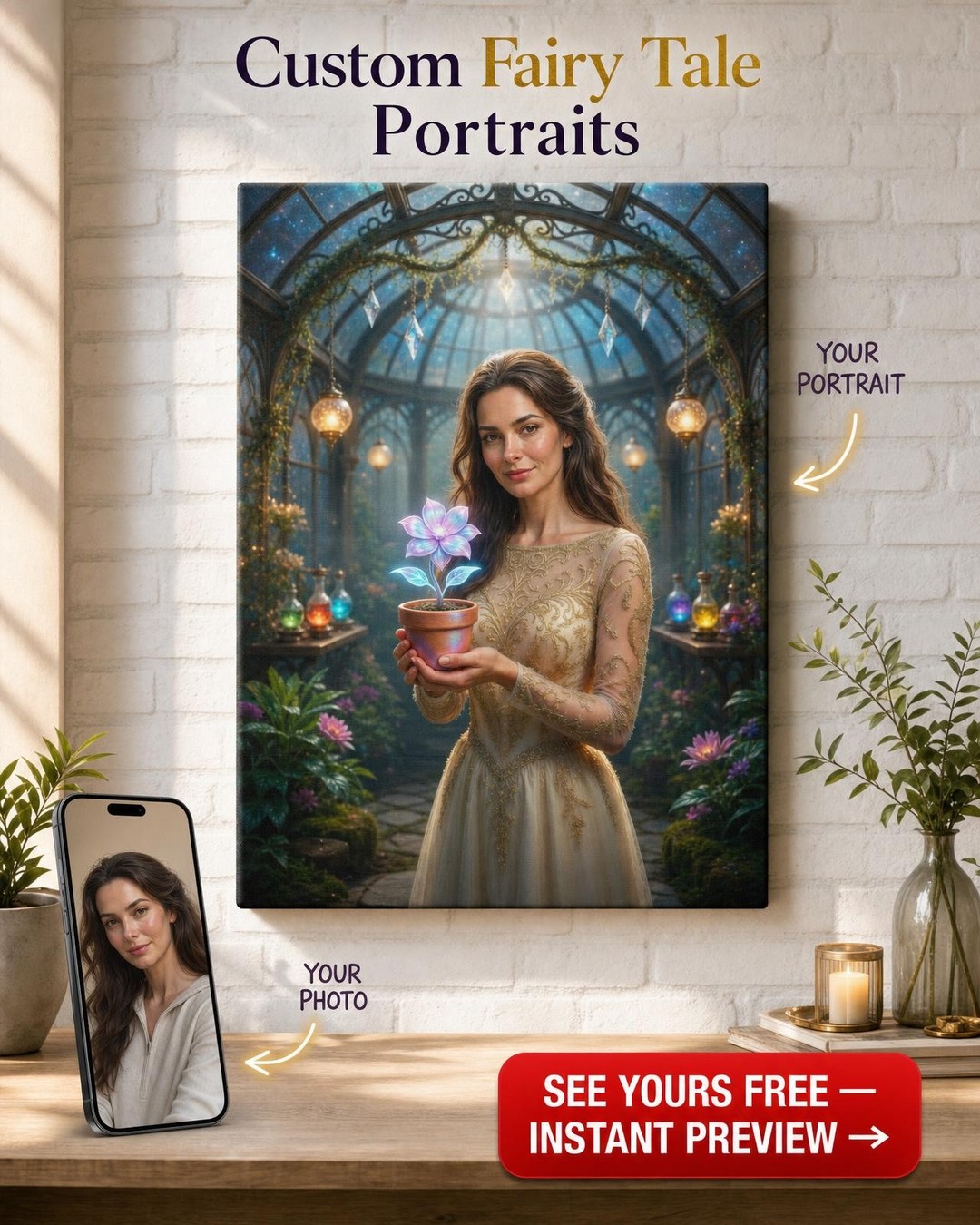 Custom Fantasy Woman Portrait — Whimsical Garden Canvas from Photo