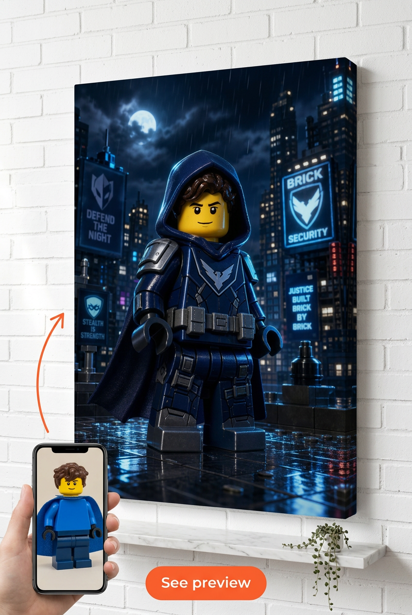 Custom Brick Minifigure Stealth Defender Portrait from Photo | Personalized Gift