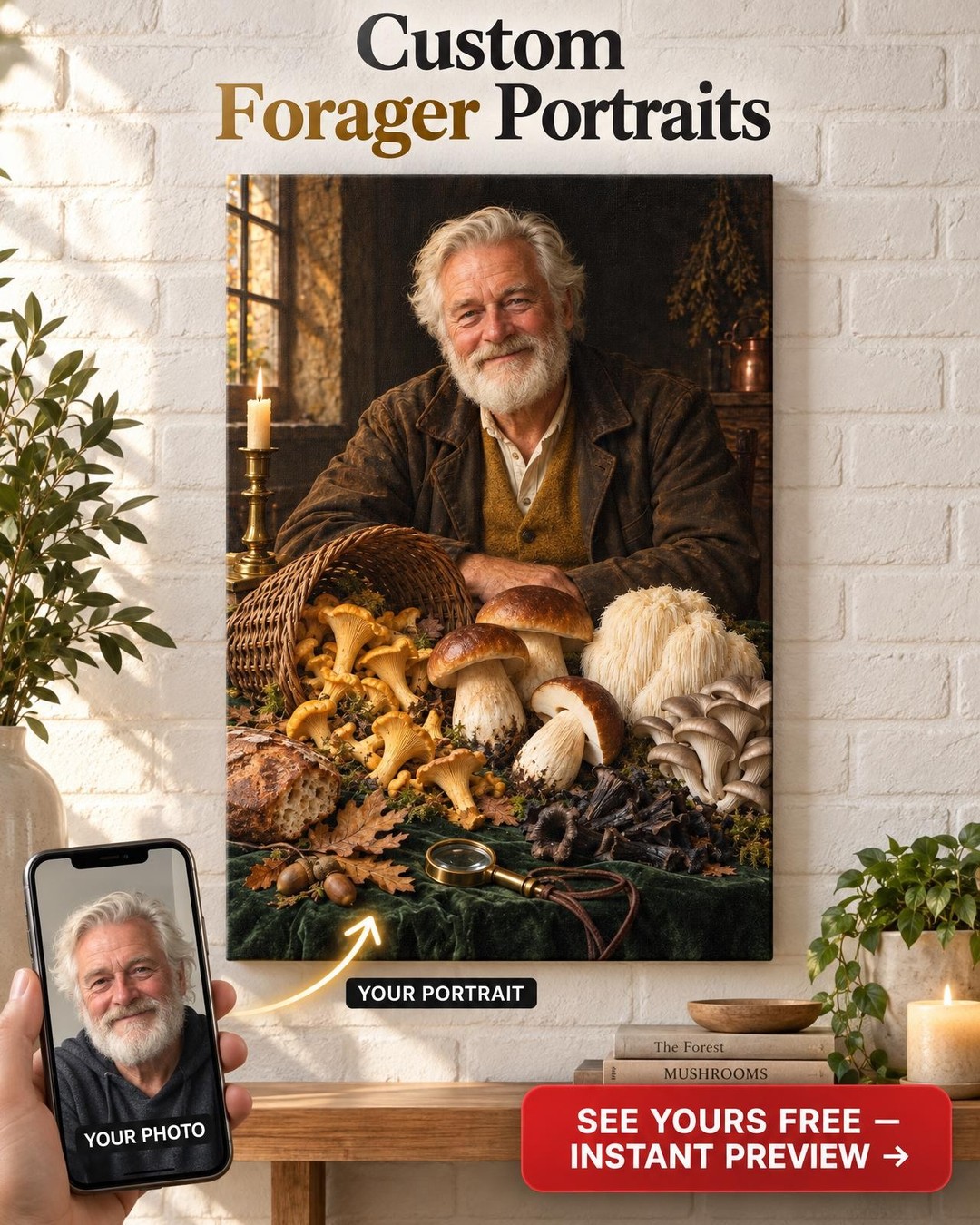 Still Life with Mushrooms Custom Portrait from Photo | Personalized Mushroom Foraging Gift